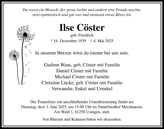 Traueranzeige von Ilse Cöster von Usinger Anzeiger, Usinger Anzeigenblatt