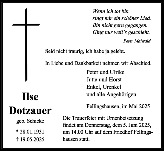 Traueranzeige von Ilse Dotzauer von Giessener Anzeiger, Giessener Allgemeine, Alsfelder Allgemeine