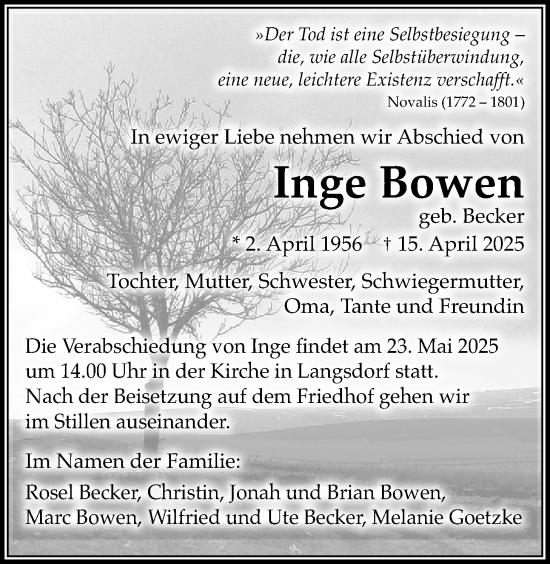 Traueranzeige von Inge Bowen von Licher Wochenblatt