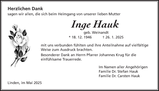 Traueranzeige von Inge Hauk von Giessener Allgemeine, Alsfelder Allgemeine, Giessener Anzeiger