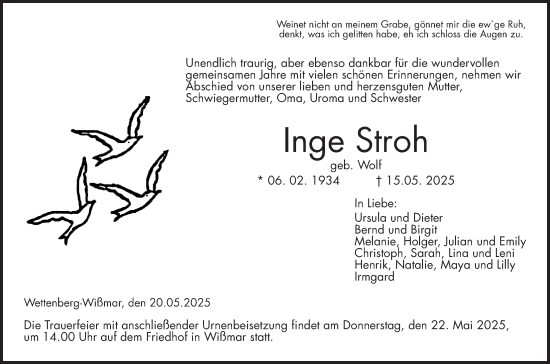 Traueranzeige von Inge Stroh von Giessener Allgemeine, Alsfelder Allgemeine, Giessener Anzeiger