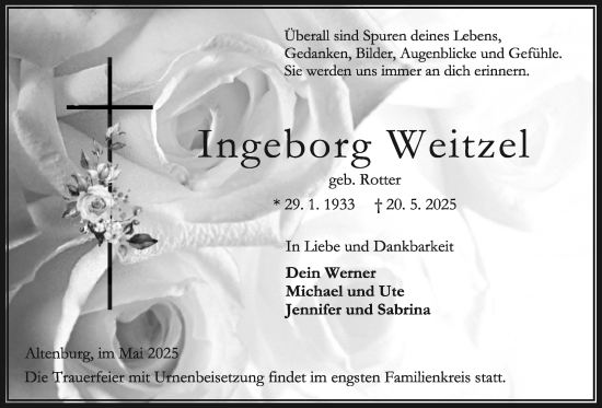 Traueranzeige von Ingeborg Weitzel von Oberhessische Zeitung