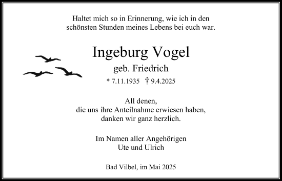Traueranzeige von Ingeburg Vogel von Bad Vilbel/Karben