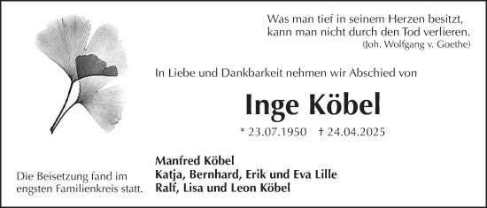 Traueranzeige von Inge Köbel Köbel von Wetterauer Zeitung