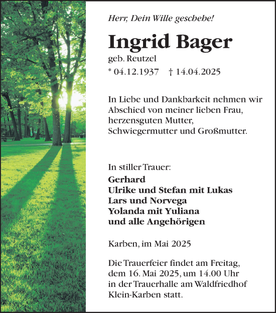Traueranzeige von Ingrid Bager von Bad Vilbel/Karben