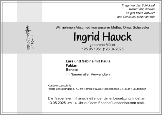 Traueranzeige von Ingrid Hauck von Lauterbacher Anzeiger