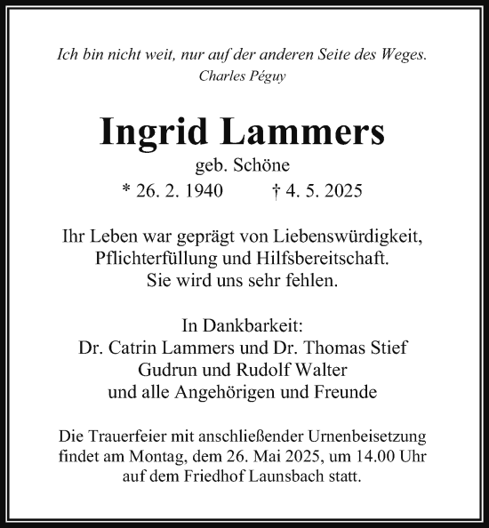 Traueranzeige von Ingrid Lammers von Giessener Allgemeine, Alsfelder Allgemeine