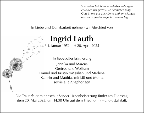 Traueranzeige von Ingrid Lauth von Usinger Anzeiger, Usinger Anzeigenblatt