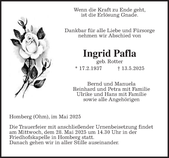 Traueranzeige von Ingrid Pafla von Alsfelder Allgemeine, Oberhessische Zeitung