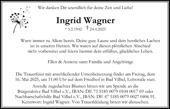 Traueranzeige von Ingrid Wagner von Bad Vilbel/Karben