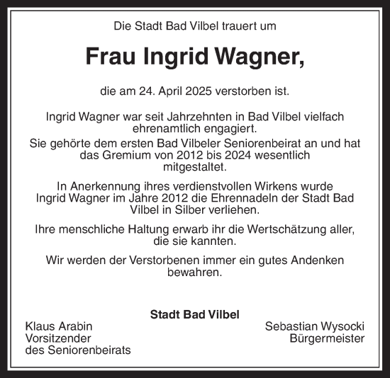 Traueranzeige von Ingrid Wagner von Bad Vilbeler Anzeiger, Karbener Zeitung