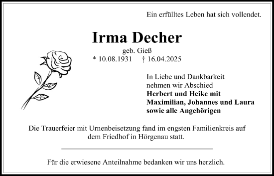 Traueranzeige von Irma Decher von Lauterbacher Anzeiger, Lauterbacher Anzeiger
