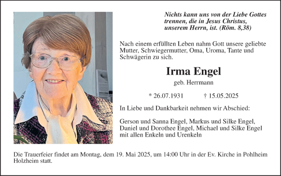 Traueranzeige von Irma Engel von Giessener Allgemeine, Alsfelder Allgemeine, Giessener Anzeiger