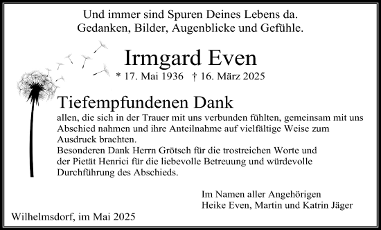 Traueranzeige von Irmgard Even von Usinger Anzeiger, Usinger Anzeigenblatt