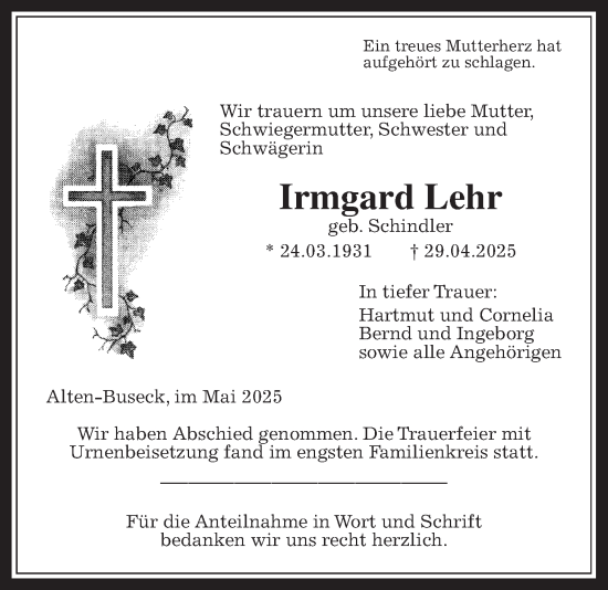 Traueranzeige von Irmgard Lehr von Giessener Anzeiger