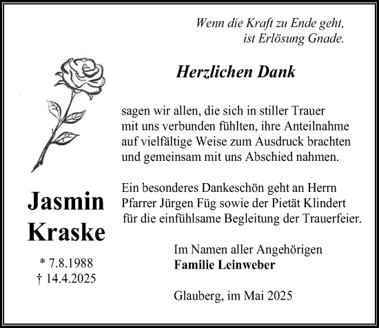 Traueranzeige von Jasmin Kraske von Kreis-Anzeiger