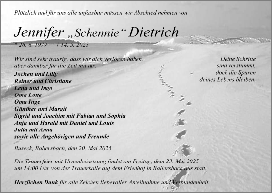 Traueranzeige von Jennifer Dietrich von Giessener Allgemeine, Alsfelder Allgemeine, Giessener Anzeiger
