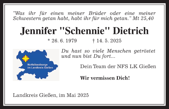 Traueranzeige von Jennifer Dietrich von Giessener Anzeiger