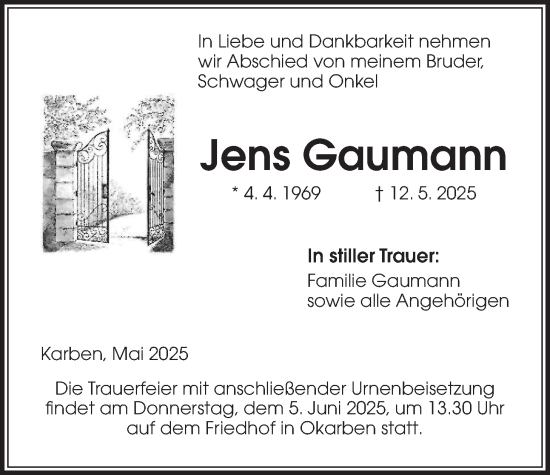 Traueranzeige von Jens Gaumann von Wetterauer Zeitung