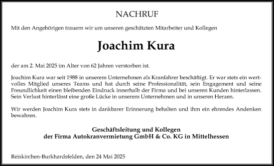 Traueranzeige von Joachim Kura von Giessener Allgemeine, Alsfelder Allgemeine, Giessener Anzeiger