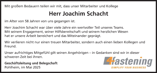 Traueranzeige von Joachim Schacht von Giessener Allgemeine, Alsfelder Allgemeine