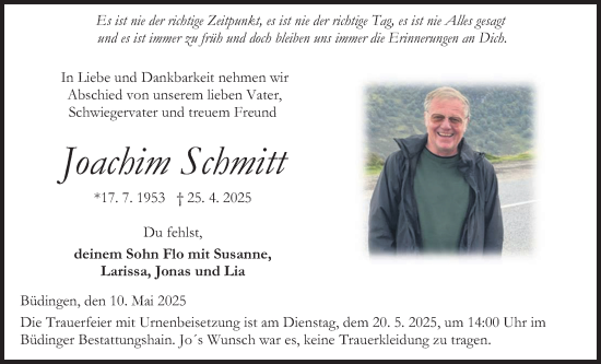 Traueranzeige von Joachim Schmitt von Kreis-Anzeiger