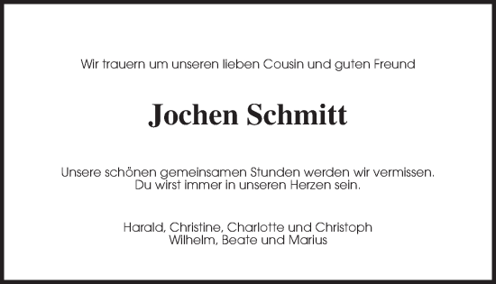 Traueranzeige von Jochen Schmitt von Kreis-Anzeiger