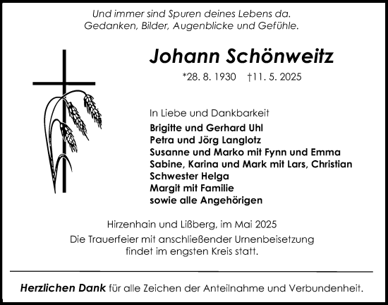 Traueranzeige von Johann Schönweitz von Kreis-Anzeiger