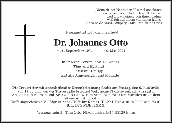 Traueranzeige von Johannes Otto von Usinger Anzeiger