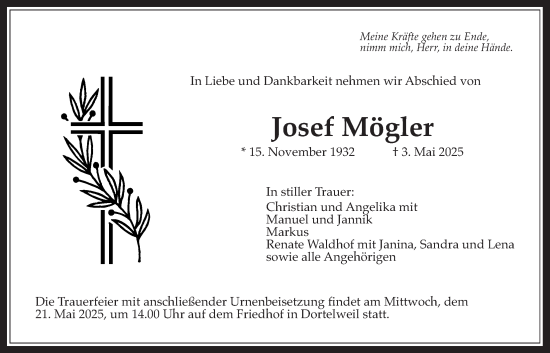 Traueranzeige von Josef Mögler von Bad Vilbel/Karben
