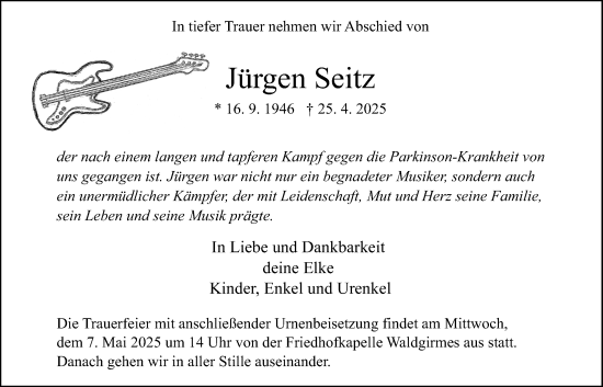 Traueranzeige von Jürgen Seitz von Giessener Allgemeine, Alsfelder Allgemeine