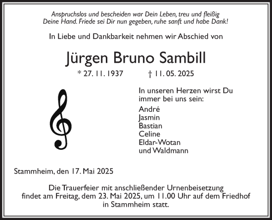 Traueranzeige von Jürgen Bruno Sambill von Wetterauer Zeitung