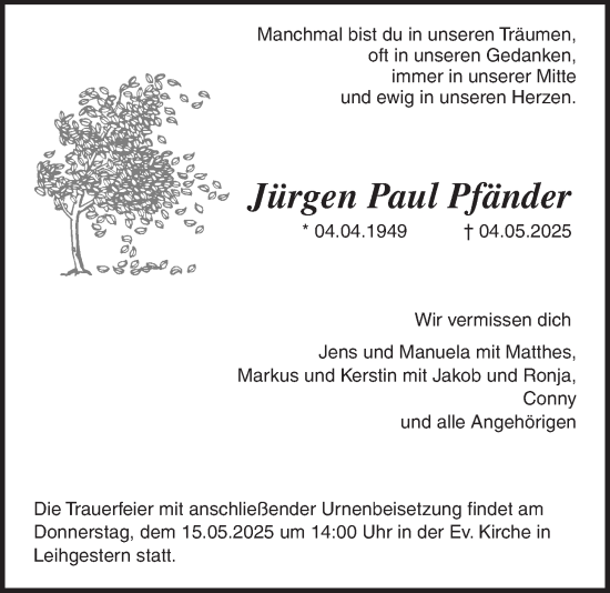 Traueranzeige von Jürgen Paul Pfänder von Giessener Allgemeine, Alsfelder Allgemeine, Giessener Allgemeine, Alsfelder Allgemeine