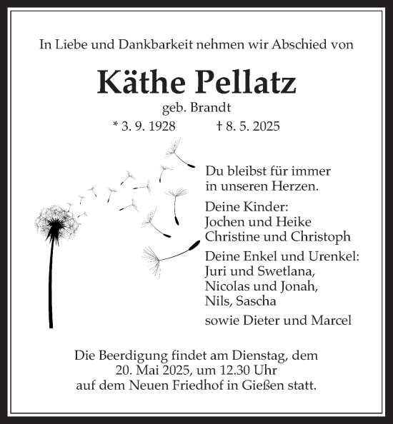 Traueranzeige von Käthe Pellatz von Giessener Allgemeine, Alsfelder Allgemeine, Giessener Anzeiger