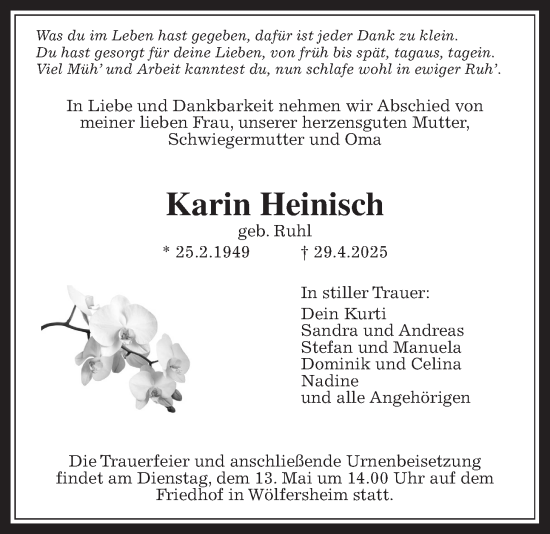 Traueranzeige von Karin Heinisch von Wetterauer Zeitung