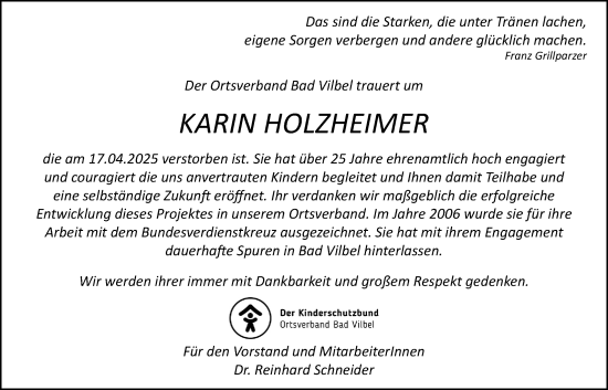 Traueranzeige von Karin Holzheimer von Bad Vilbel/Karben