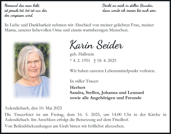 Traueranzeige von Karin Seiden von Kreis-Anzeiger