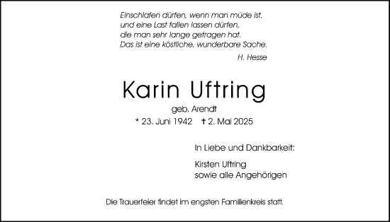 Traueranzeige von Karin Uftring von Wetterauer Zeitung, Wetterauer Zeitung