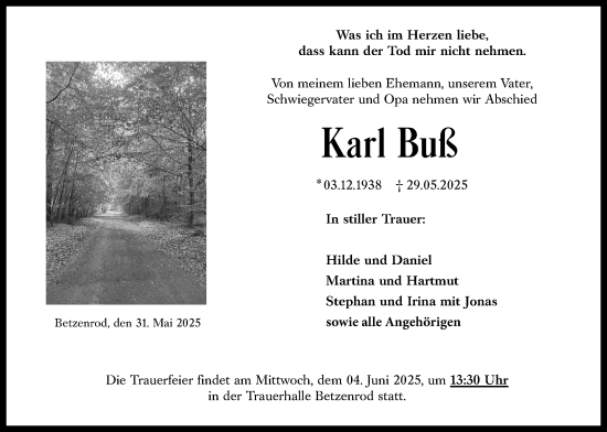 Traueranzeige von Karl Buß von Kreis-Anzeiger