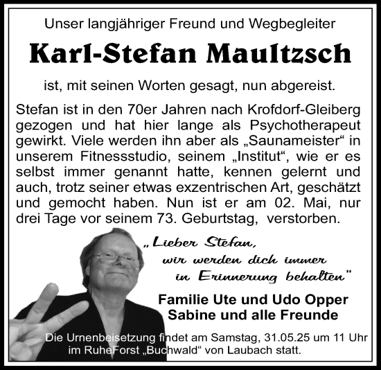 Traueranzeige von Karl-Stefan Maultzsch von Giessener Allgemeine, Alsfelder Allgemeine, Giessener Anzeiger