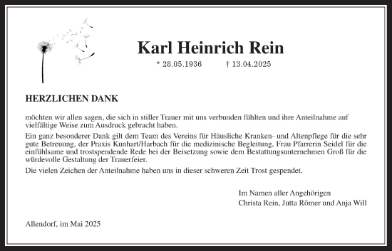 Traueranzeige von Karl Heinrich Rein von Allendorfer Mitteilungen