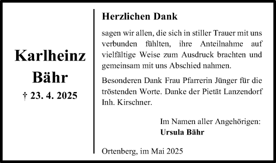 Traueranzeige von Karlheinz Bähr von Kreis-Anzeiger