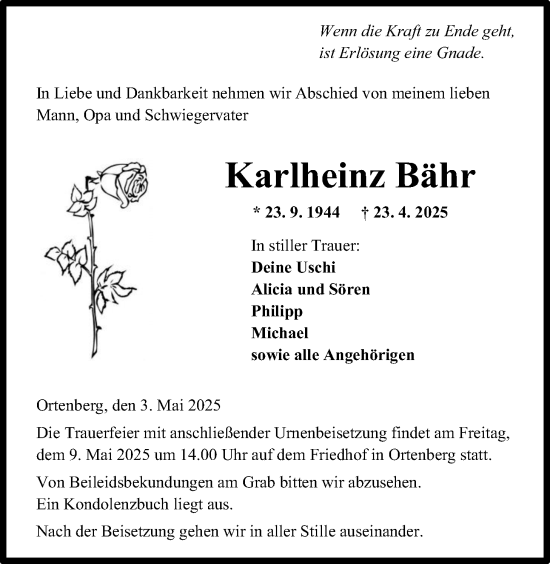 Traueranzeige von Karlheinz Bähr von Kreis-Anzeiger