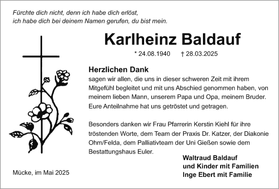 Traueranzeige von Karlheinz Baldauf von Mücker Stimme, Giessener Allgemeine, Alsfelder Allgemeine