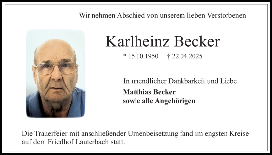 Traueranzeige von Karlheinz Becker von Lauterbacher Anzeiger