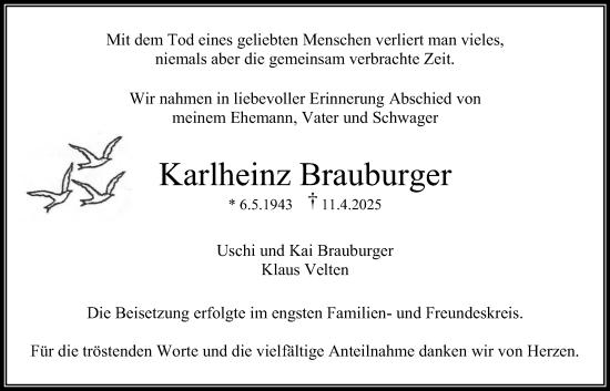Traueranzeige von Karlheinz Brauburger von Bad Vilbel/Karben