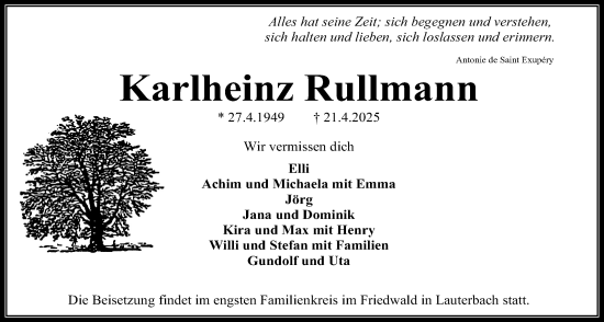 Traueranzeige von Karlheinz Rullmann von Kreis-Anzeiger