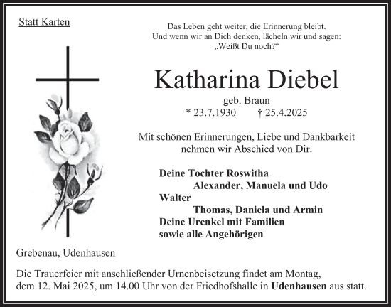 Traueranzeige von Katharina Diebel von Oberhessische Zeitung, 