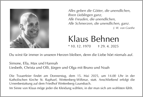 Traueranzeige von Klaus Behnen von Giessener Allgemeine, Alsfelder Allgemeine, Giessener Anzeiger