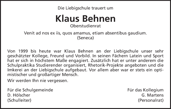Traueranzeige von Klaus Behnen von Giessener Allgemeine, Alsfelder Allgemeine, Giessener Anzeiger